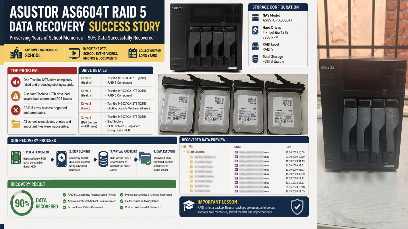 ASUSTOR AS6604T RAID 5 Data Recovery for a School – 90% Data Successfully Recovered